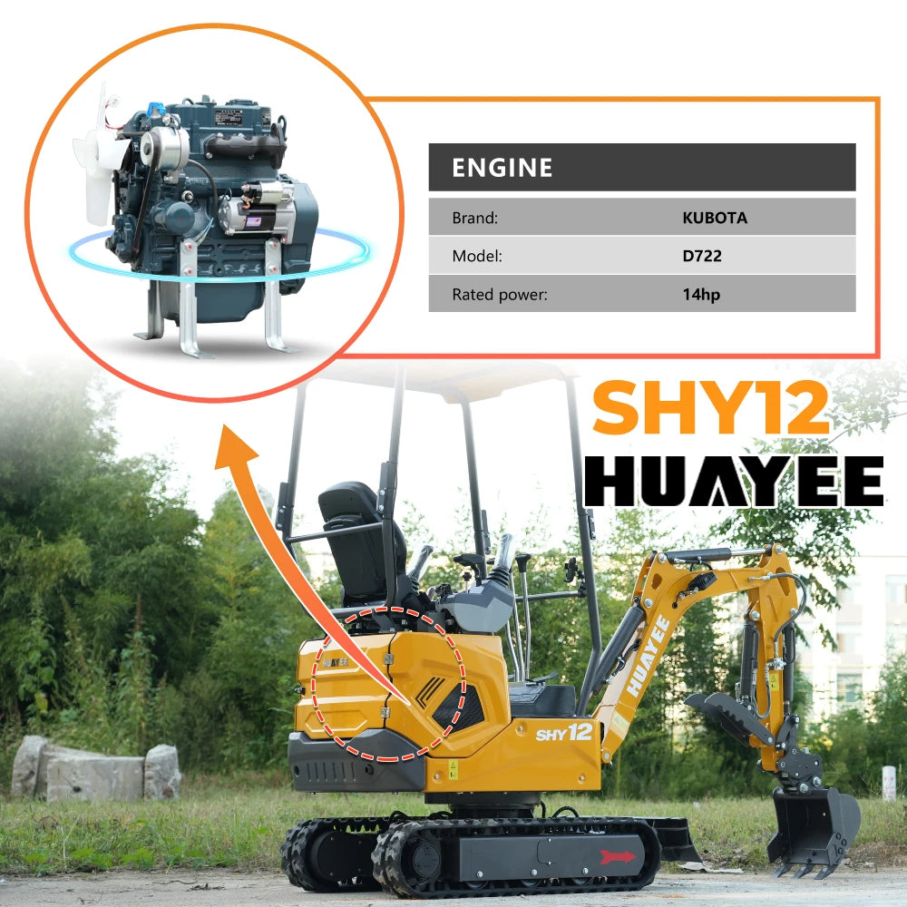 HUAYEE SHY12 MINI EXCAVATOR W/ KUBOTA D722. LOADED WITH FEATURES