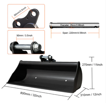 Huayee Mini Excavator 4-Piece Attachment Set WIth 25mm Pins — Cleanup, Digging, Rake & Ripper