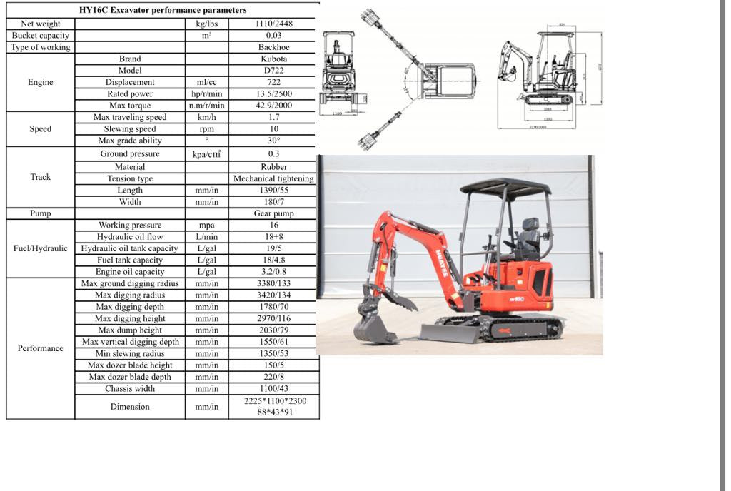 Coco EX HUAYEE HY16C MINI EXCAVATOR W/ D722 KUBOTA ENGINE