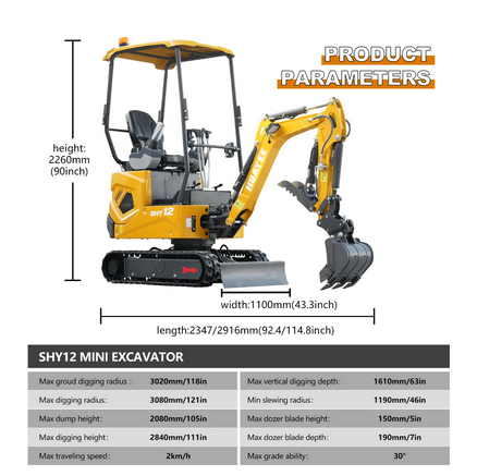 HUAYEE SHY12 MINI EXCAVATOR W/ KUBOTA D722. LOADED WITH FEATURES